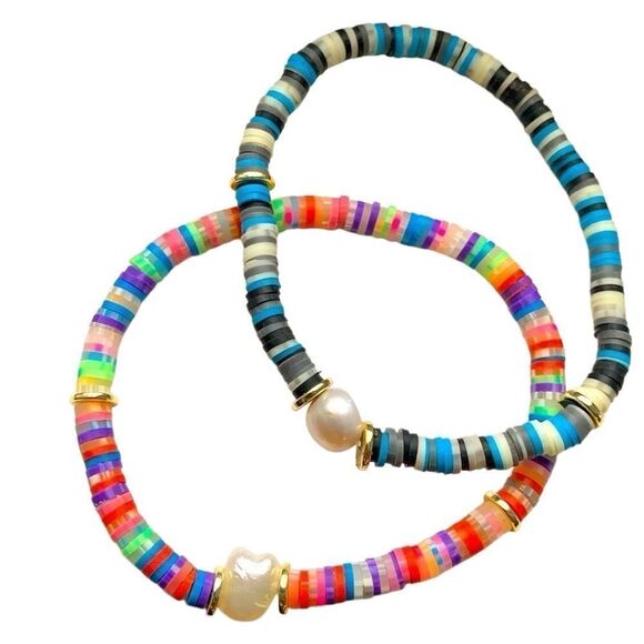 2 Rainbow Candy Bead & Real Pearl Bracelet Set - Boho & Beachy, Unique Gift NEW - Picture 1 of 9